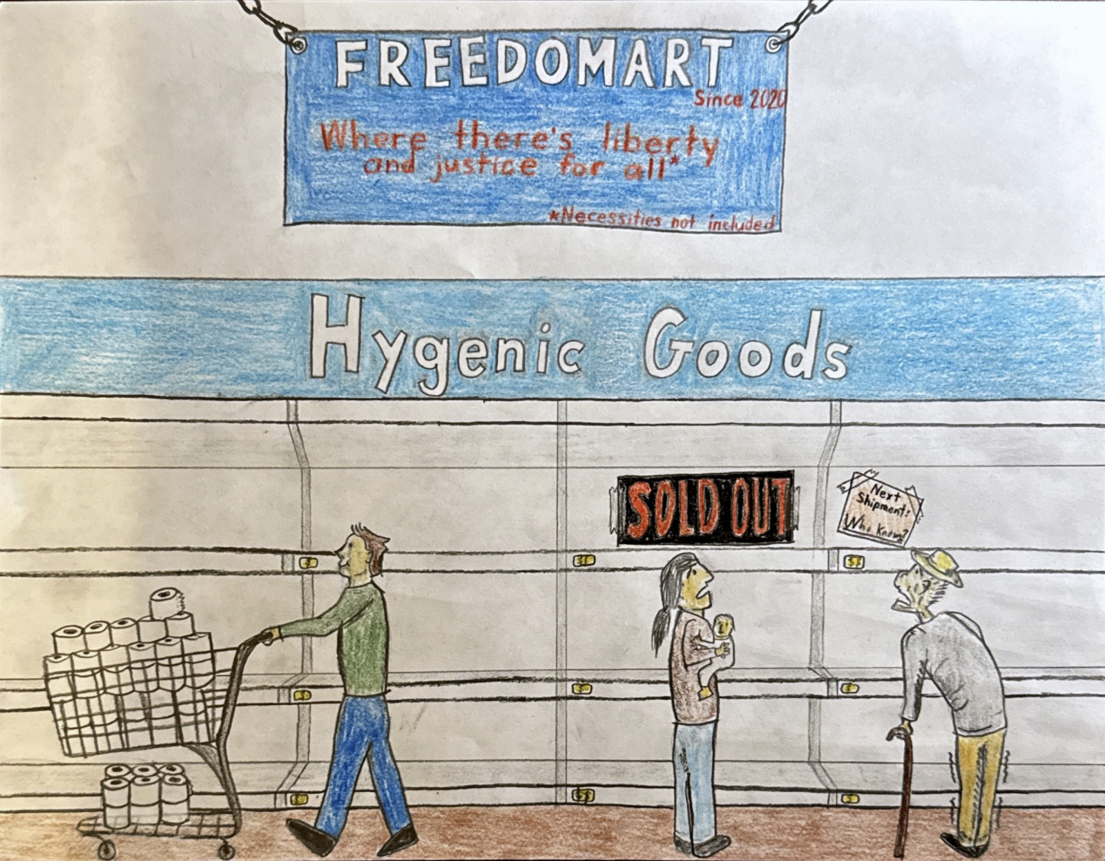 Image of shoppers at Freedomart, staring at empty toilet paper shelves